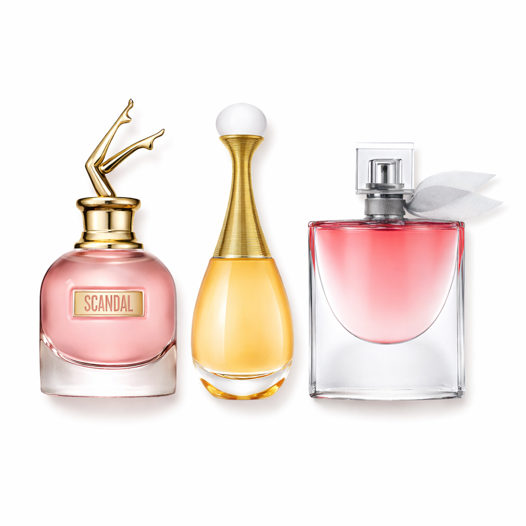 Combo de 3 perfumes Jean Paul Gaultier SCANDAL, Dior J'ADORE e Lancôme LA VIE EST BELLE 100ml